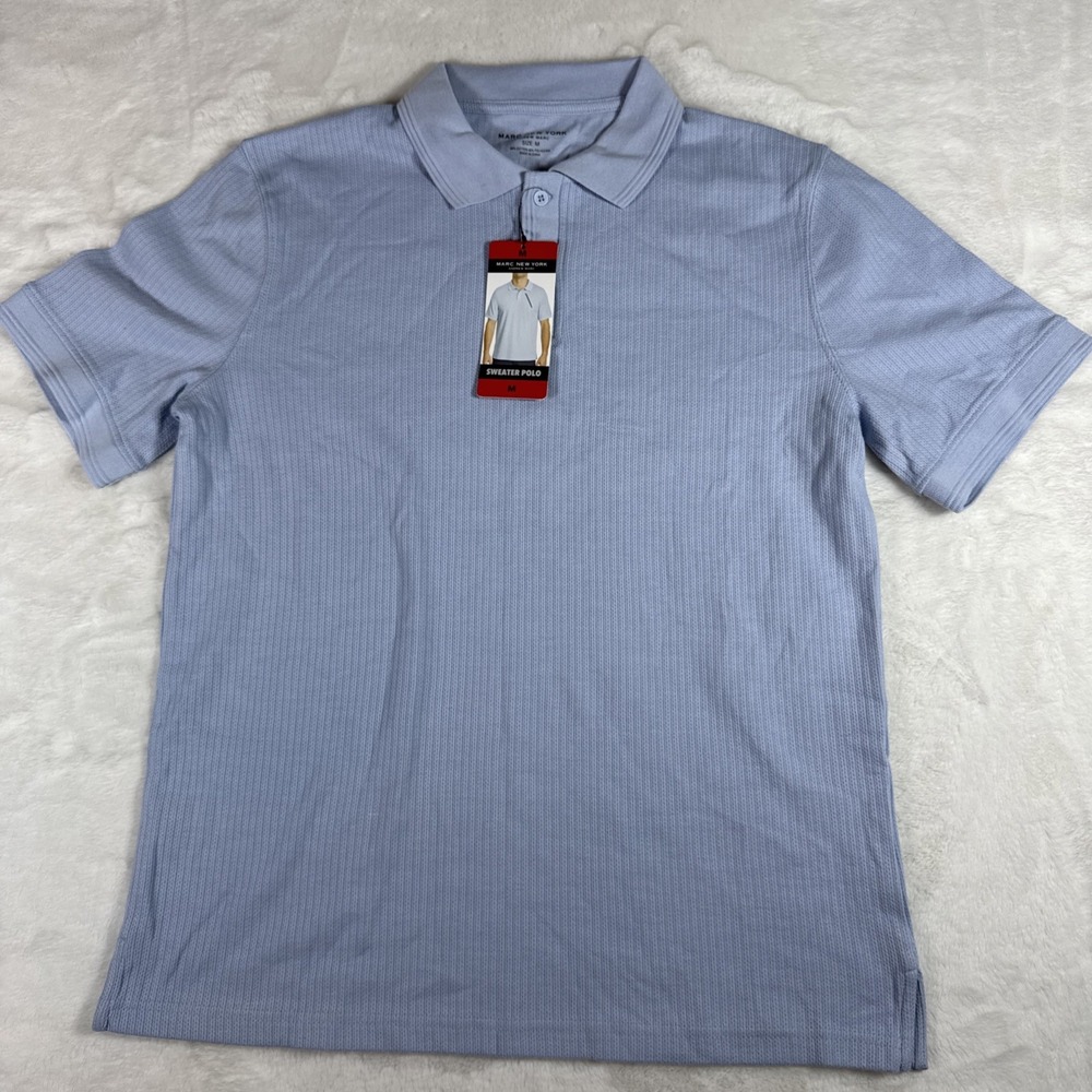 Marc New York Andrew Marc Mens Blue Ribbed Sweater Polo Shirt Size M NWT